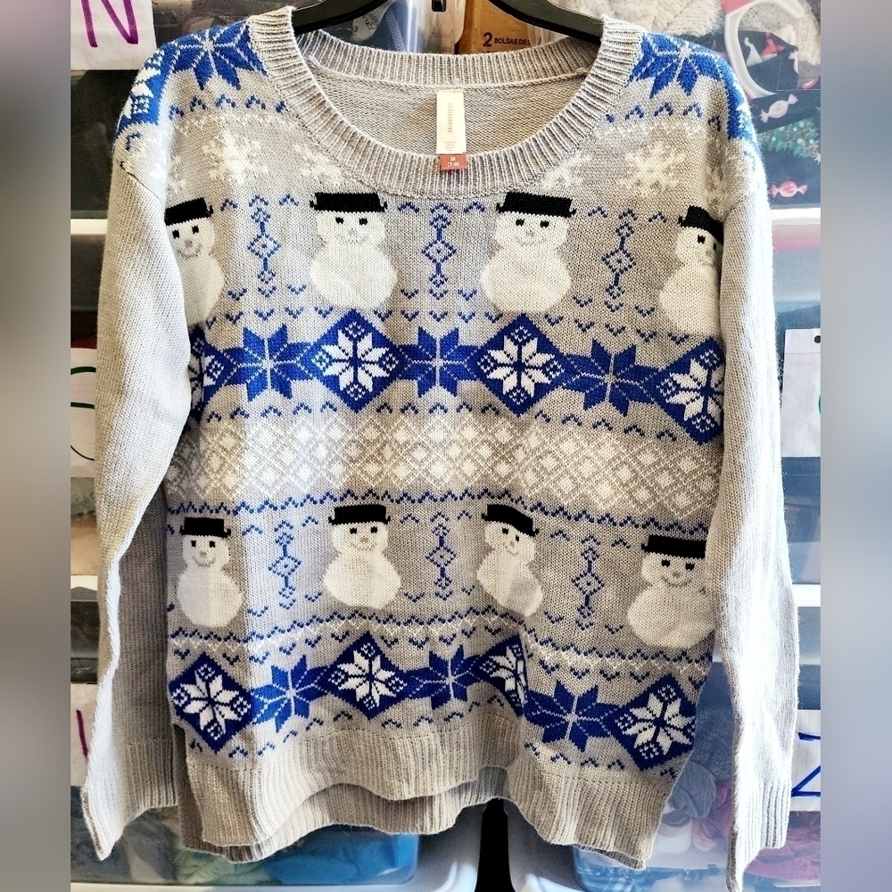 NWT No Boundaries Grey Argyle Snowman Ugly Christmas Knit Sweater Junior's M New